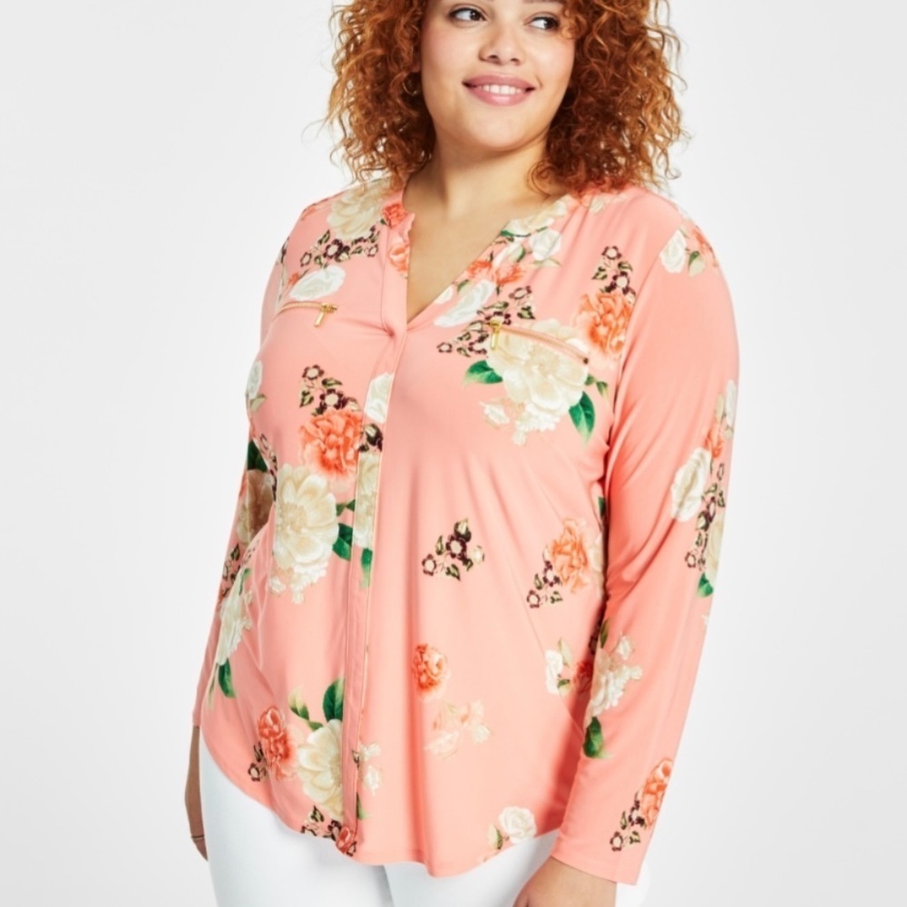 INTERNATIONAL CONCEPTS Split Vee Neck Popover Top Goldtone Zipper Chest Pockets